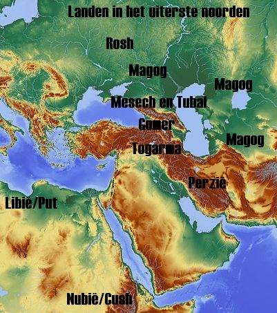 Gebied Midden-Oosten met de namen van de in de profetie genoemde volken.